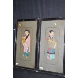 Japanese fabric collages depicting women in kimono holding basket and man holding scroll.