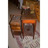 A stained softwood occasional table; a stained oak linen work box on stand.