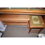 An Ash two-tier coffee table, 100cms wide; together with a tile top nest of three teak tables.