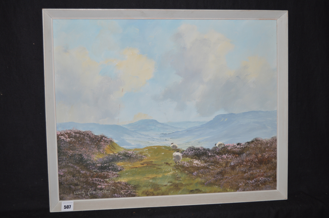 An oil painting, by Lewis Creighton - Highland view with sheep, signed.