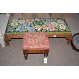 An oak rectangular stool with needlework cushions; together with a 19th Century mahogany footstool.