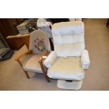 French fibreglass cinema armchair upholstered in cream velour; together with an open arm easy chair.