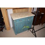 Marble topped blue finish washstand, fitted with two drawers and cupboards below, 95cms wide.