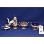 A George V silver mustard pot and table salt, by John Round & Son Ltd.