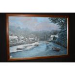 An oil painting, by Kevin Platt - a winter river scene with boats and houses,