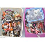 A quantity of costume jewellery, to include: necklaces; bracelets; and rings, in two boxes.