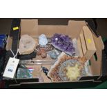 Gemstones and fossils to include amethyst and agate and quartz.