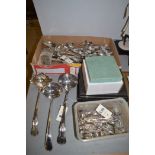 Silver plate cutlery to include Walker & Hall soup ladels and others together with 2 silver sugar