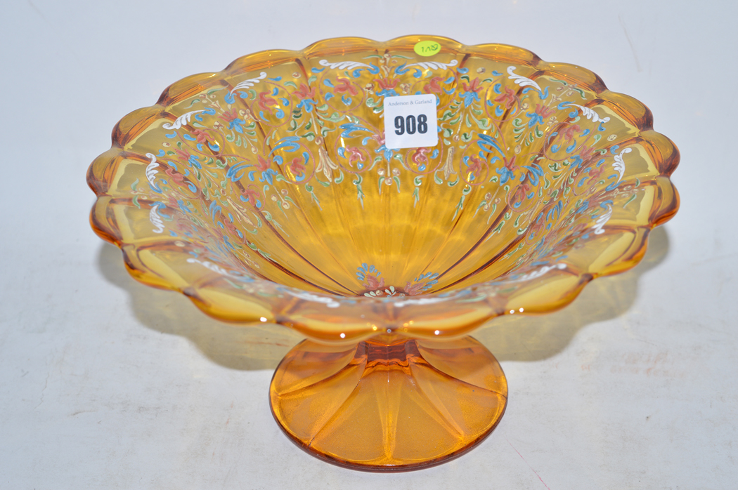 Enameled amber glass footed bowl.