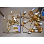 Brass six branch chandelier with matching wall lights together with another brass five branch