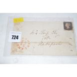 Queen Victoria 1d Black (SG1) on cover, NE, with Red Maltese Cross Cancel,