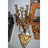 Candlesticks to include Indian brassware snakes, pair of brass candlesticks,