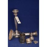 An Edward VII silver tankard by John Round & Son Ltd, Sheffield 1904; a pair of silver candlesticks,