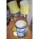 Pair of brass table lamps together with an oval wall mirror height 57cms and a jardinere marked