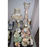 China cat figures, the tallest measuring 58cms together with a Minton vase, a Royal Crown Derby,