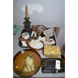 Porcelain bin labels; together with a hand-painted cat themed lacquer tray; a spice tin and tea tin;