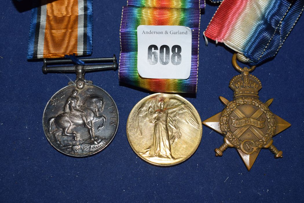 A group of three First World War medals awarded to 41338 Bombardier C Bromley,