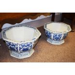 Two 20th Century Chinese blue and white hexagonal planters.