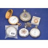 A gold plated full Hunter pocket watch by Waltham with white enamel roman numeral dial and