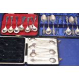 A set of six George V silver teaspoons and a pair of sugar tongs by Sidney Hall & Co,