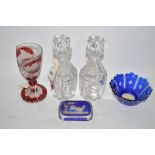 Pair of cut glass decanters and stoppers, with reeded bodies,