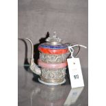 A Chinese silver metal cloisonne and agate wine ewer, 13cms high.