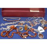 Silver and white metal jewellery, some set with amber; and an amber necklace.