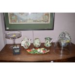 Masons and other various items and a glass comport and dome;.