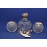 An Edward VII silver mounted cut glass dressing table pot; etc.