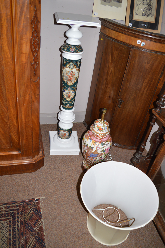 A ceramic and wood Torchere and a ceramic table lamp.