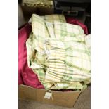 Two pairs of curtains, green and cream; cerise pink silk..