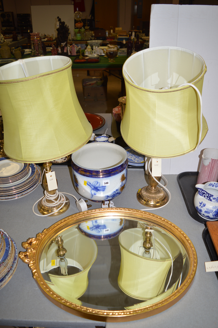 Table lamps, mirror and a pottery jardinière