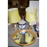 Table lamps, mirror and a pottery jardinière