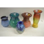 Five studio glass vases.