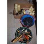 Plastic buckets and tools relating to gardening.