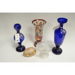 3 enamelled glass vases; together with a glass dish and a tin egg