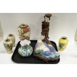 Hotei Reclining Figure on wooden base; Japanese Cloisonne Vase; Japanese Earthenware; Carved