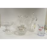 Crystal and Cut-Glass to include Rose Bowl; Decanter; vase; dishes; together with a Pimms branded