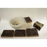 Marble water font; printing blocks and jewellery box