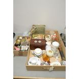 Items to include a mahogany tea caddy; needlework items; china and glassware