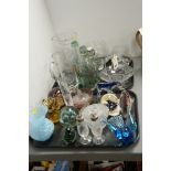 Glassware to include vintage bottles, vases, bowls and condiments, Paperweights to include