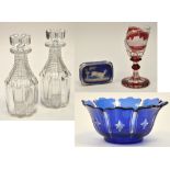 Pair of cut glass decanters and stoppers, with reeded bodies,