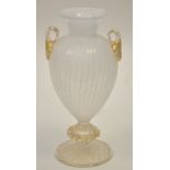 Venetian 'Vetro a Retorti' glass urn, pear-shaped body with twin loop handles,