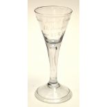 Engraved plain stem wine glass,