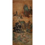 Manner of Qiu Ying (Chinese Ming Dynasty) Landscape with a musician and other figures by a river in