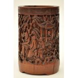 Chinese bamboo bitong, carved with figures outside and within buildings beneath willow trees,