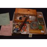 An antique stained wood box containing fly tying and other coarse fishing materials;