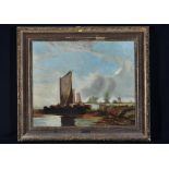 Style of Henry Bright - hay barges in the Norfolk Broads, with attribution on the frame,