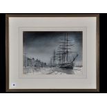 Peter Knox - "Dock Road" - sailing ships at a quayside, signed and inscribed,