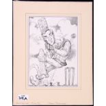 Chris Riddell - a caricature of John Redwood as a batsman defending a wicket, signed, pen and ink,